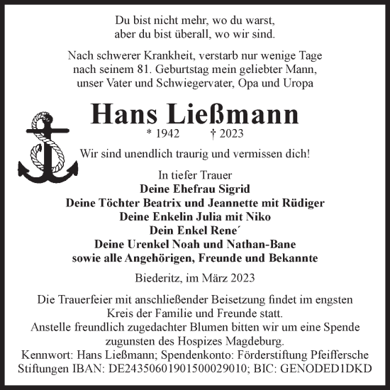 Traueranzeige von Hans Ließmann von Volksstimme Burg/Genthin