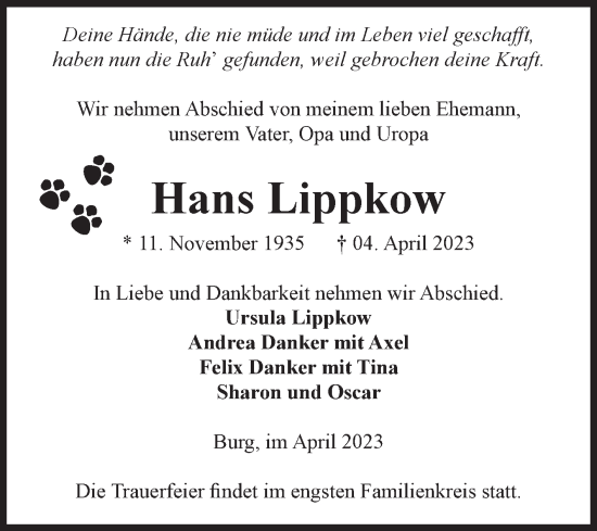 Traueranzeige von Hans Lippkow von Volksstimme Burg/Genthin