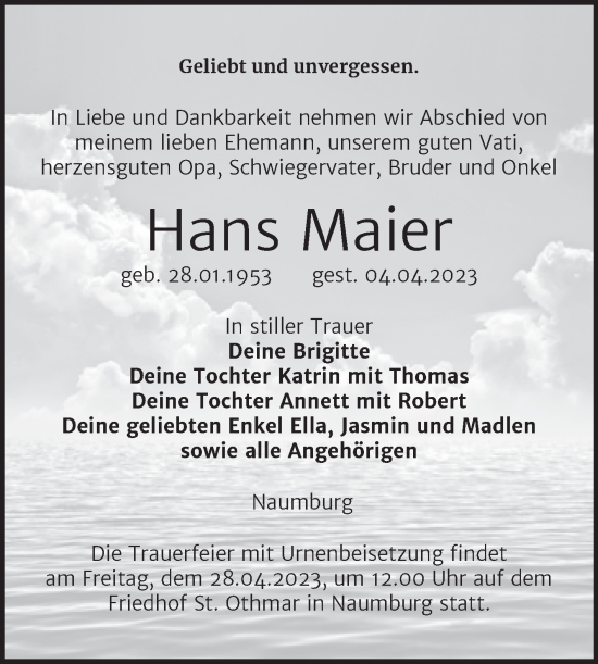 Traueranzeige von Hans Maier von Wochenspiegel Naumburg/Nebra