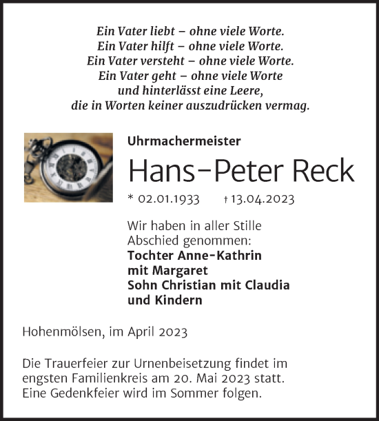 Traueranzeige von Hans-Peter Reck von Trauerkombi Weißenfels
