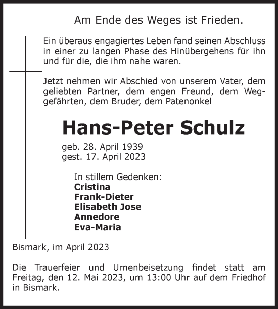 Traueranzeige von Hans-Peter Schulz von Volksstimme Altmark Ost