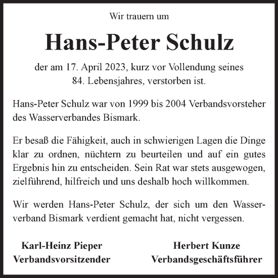 Traueranzeige von Hans-Peter Schulz von Volksstimme Altmark Ost