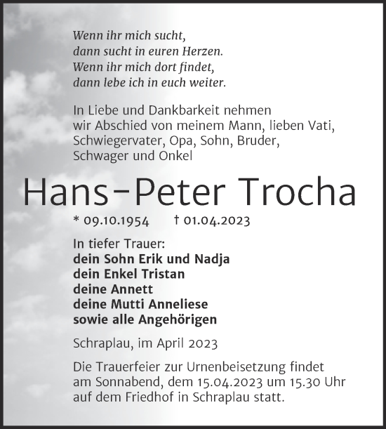 Traueranzeige von Hans-Peter Trocha von Trauerkombi Merseburg
