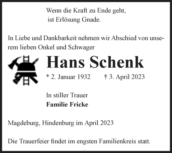 Traueranzeige von Hans Schenk von Volksstimme Magdeburg