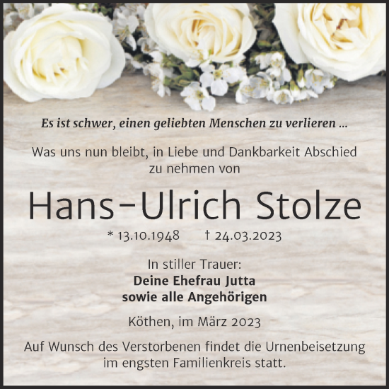 Traueranzeige von Hans-Ulrich Stolze von Trauerkombi Köthen