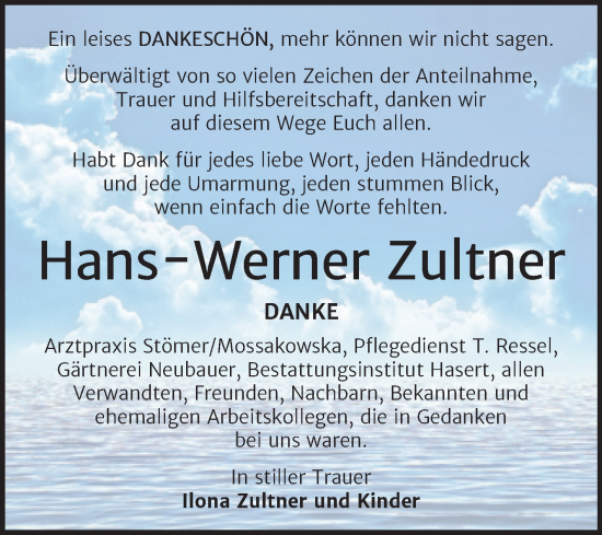 Traueranzeige von Hans-Werner Zultner von Trauerkombi Wittenberg