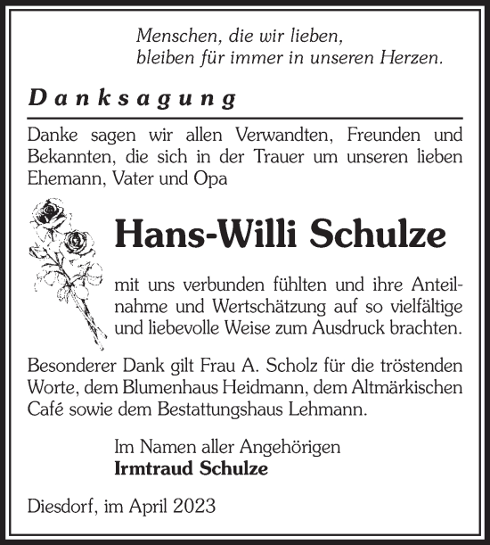 Traueranzeige von Hans-Willi Schulze von Volksstimme Altmark West