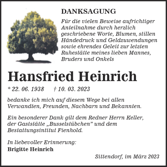 Traueranzeige von Hansfried Heinrich von Trauerkombi Sangerhausen