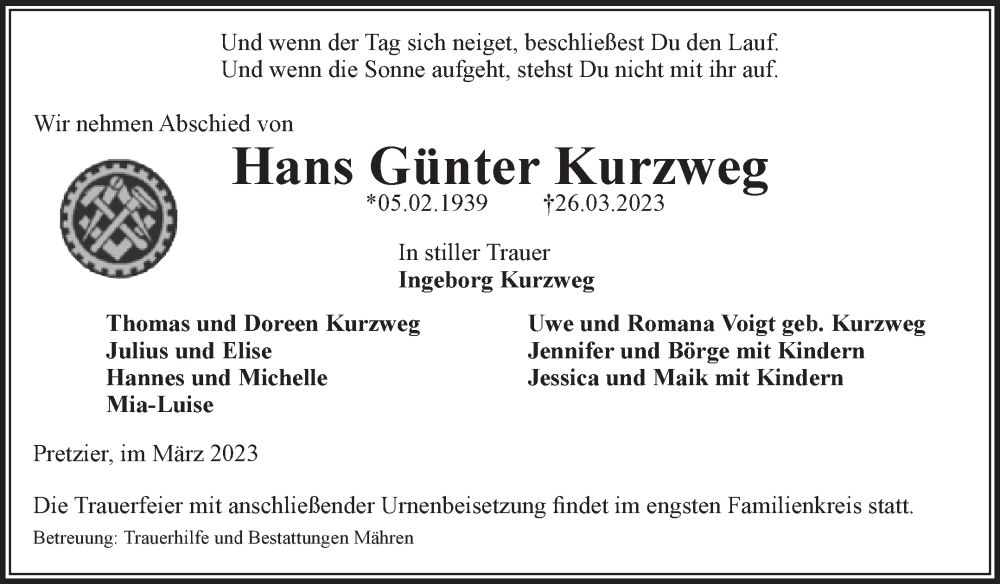  Traueranzeige für Hans Günter Kurzweg vom 01.04.2023 aus Volksstimme Altmark West