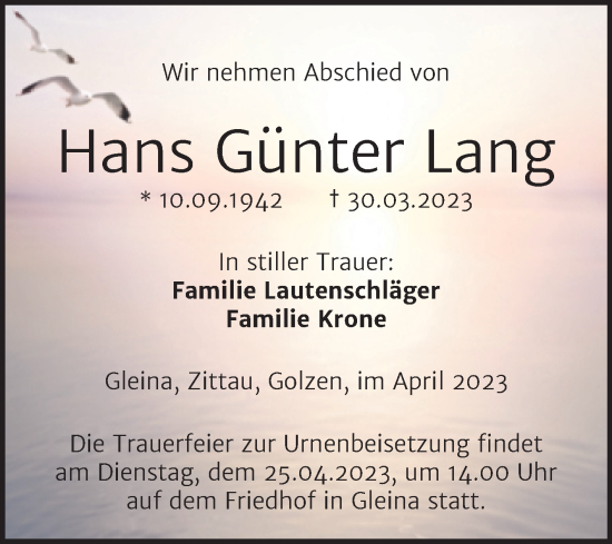 Traueranzeige von Hans Günter Lang von Wochenspiegel Naumburg/Nebra