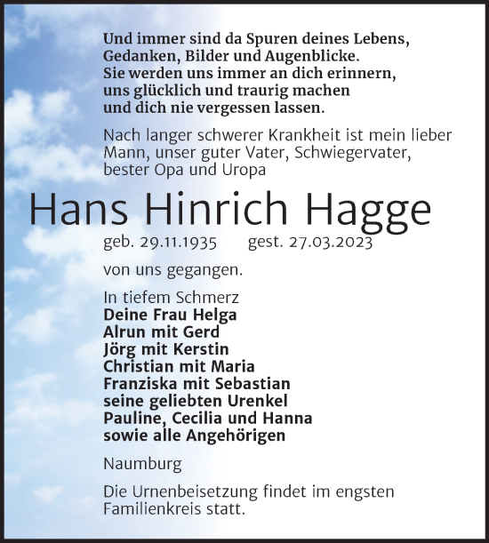 Traueranzeige von Hans Hinrich Hagge von Wochenspiegel Naumburg/Nebra