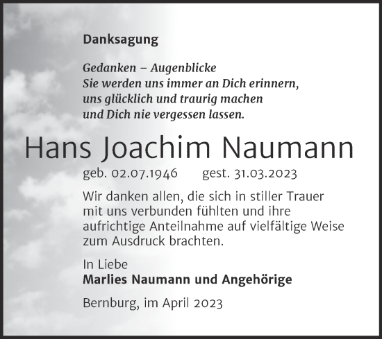 Traueranzeige von Hans Joachim Naumann von Trauerkombi Bernburg