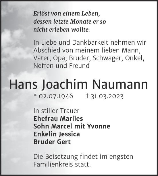 Traueranzeige von Hans Joachim Naumann von Trauerkombi Bernburg