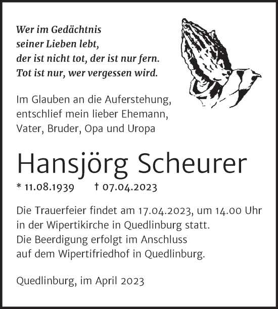 Traueranzeige von Hansjörg Scheurer von Trauerkombi Quedlinburg
