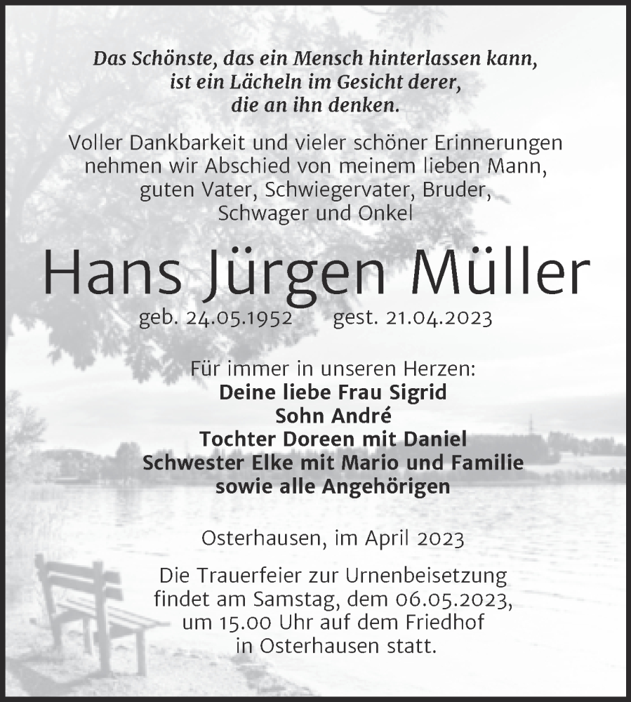  Traueranzeige für Hans Jürgen Müller vom 28.04.2023 aus Trauerkombi Mansfelder Land