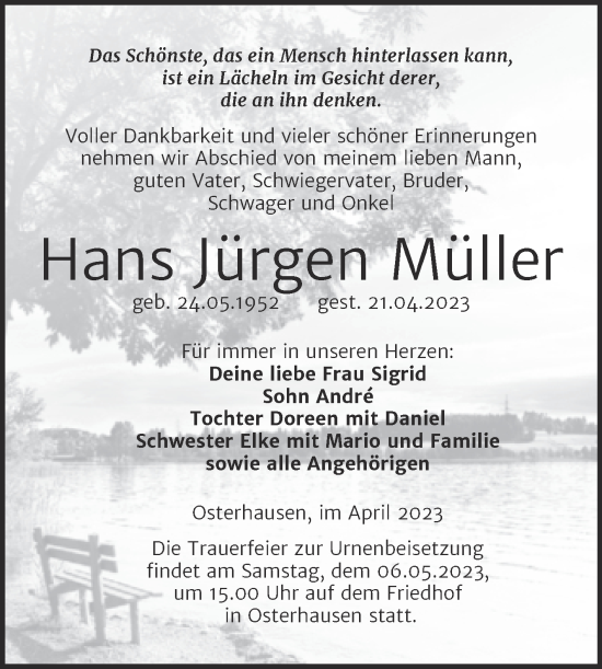 Traueranzeige von Hans Jürgen Müller von Trauerkombi Mansfelder Land
