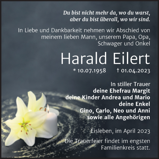Traueranzeige von Harald Eilert von Trauerkombi Mansfelder Land