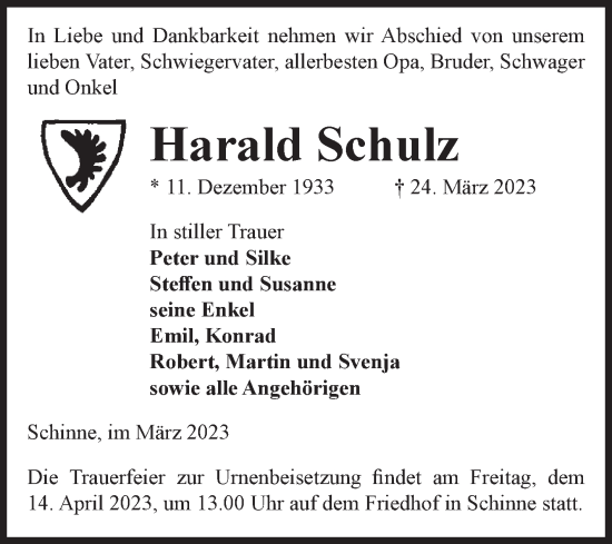 Traueranzeige von Harald Schulz von Volksstimme Altmark Ost