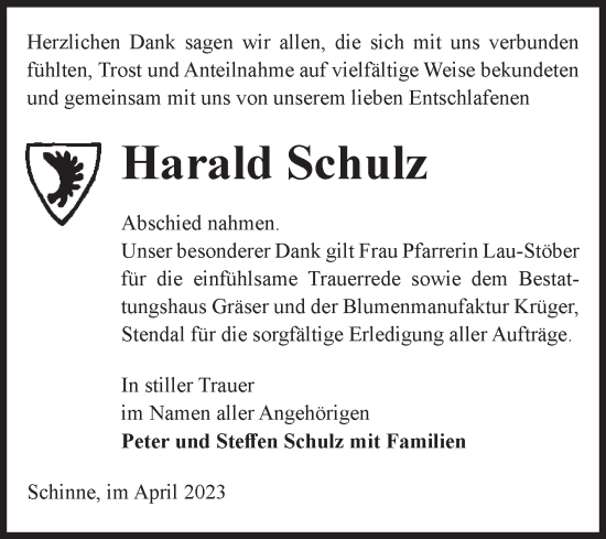 Traueranzeige von Harald Schulz von Volksstimme Altmark Ost