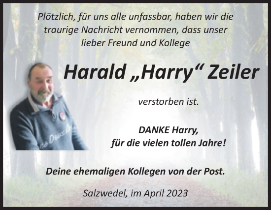 Traueranzeige von Harald Zeiler von Volksstimme Altmark West