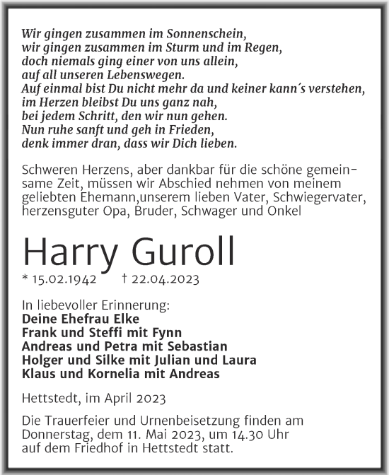 Traueranzeige von Harry Guroll von Trauerkombi Mansfelder Land