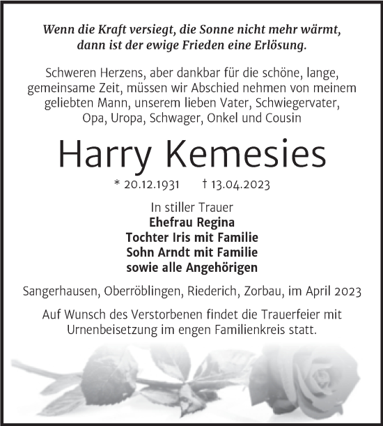 Traueranzeige von Harry Kemesies von Trauerkombi Sangerhausen