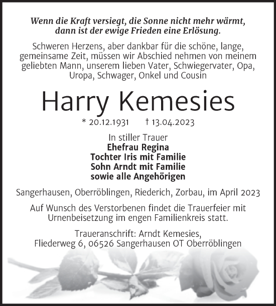 Traueranzeige von Harry Kemesies von Mitteldeutsche Zeitung Weißenfels