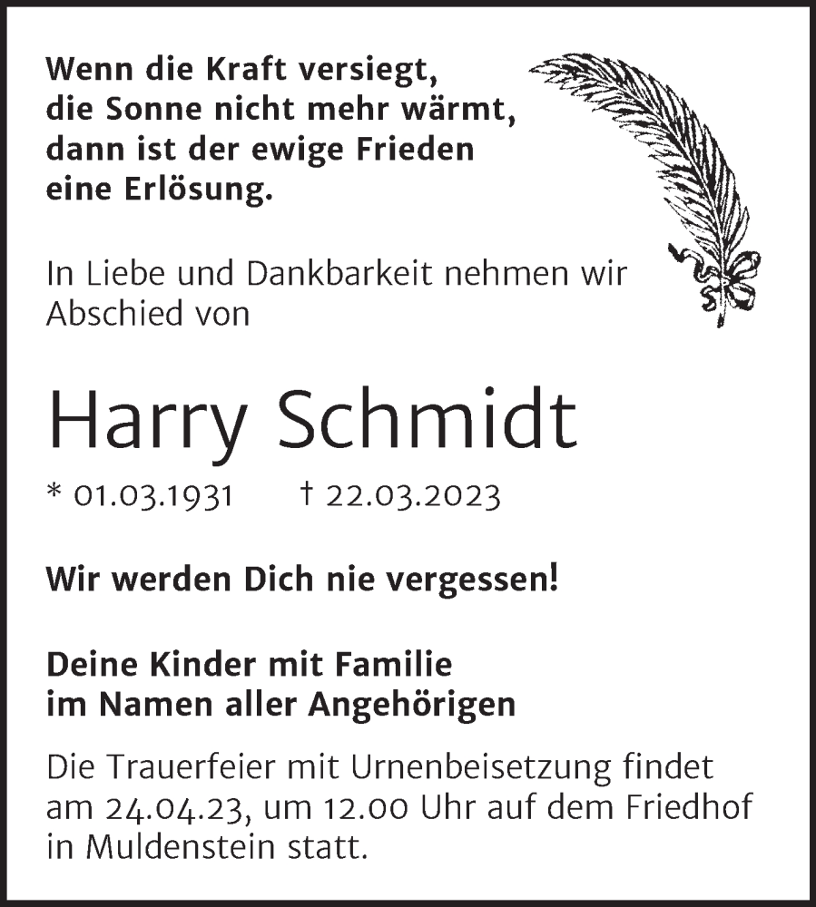  Traueranzeige für Harry Schmidt vom 01.04.2023 aus Trauerkombi Bitterfeld