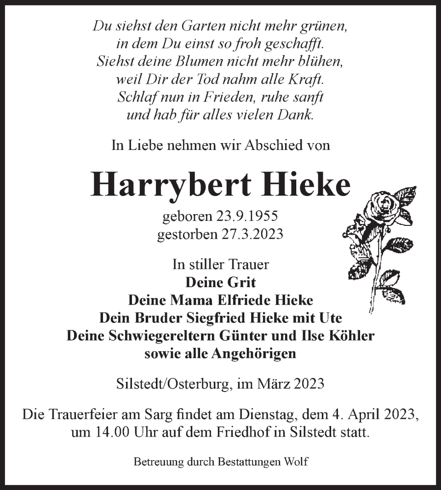  Traueranzeige für Harrybert Hieke vom 01.04.2023 aus Volksstimme Altmark Ost