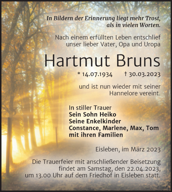 Traueranzeige von Hartmut Bruns von Trauerkombi Mansfelder Land