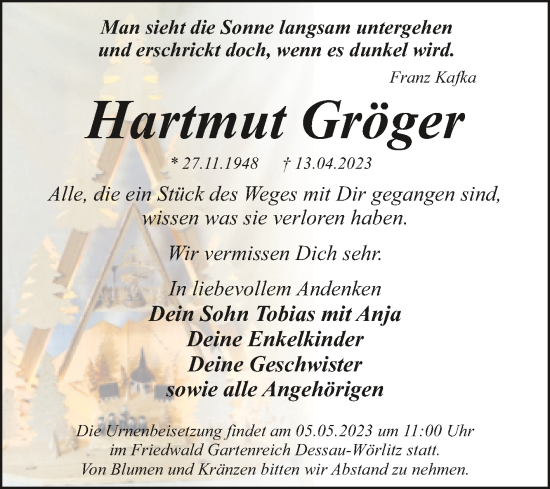 Traueranzeige von Hartmut Gröger von Trauerkombi Dessau