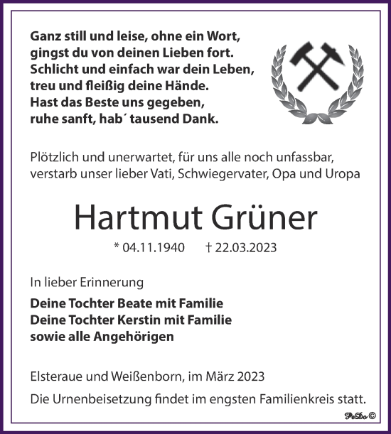 Traueranzeige von Hartmut Grüner von Trauerkombi Zeitz