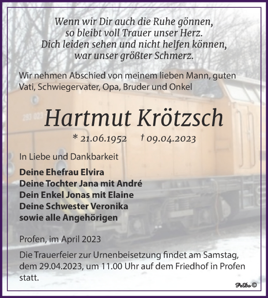 Traueranzeige von Hartmut Krötzsch von Trauerkombi Zeitz