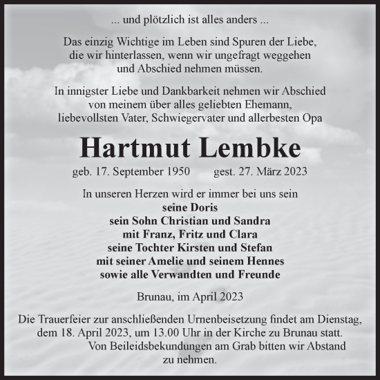 Traueranzeige von Hartmut Lembke von Volksstimme Altmark West