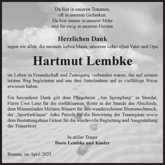 Traueranzeige von Hartmut Lembke von Volksstimme Altmark West