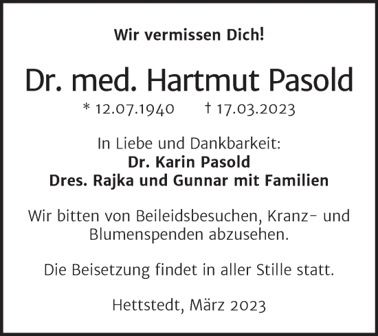 Traueranzeige von Hartmut Pasold von Mitteldeutsche Zeitung Mansfelder Land