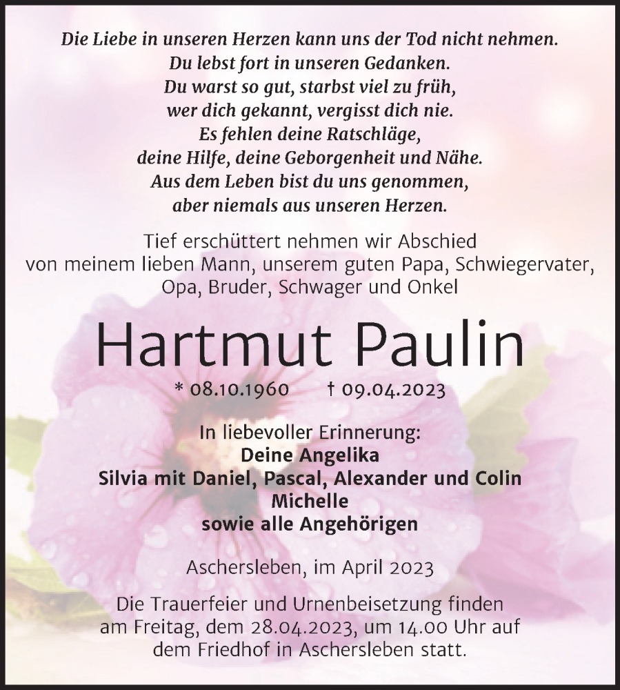  Traueranzeige für Hartmut Paulin vom 15.04.2023 aus Trauerkombi Aschersleben