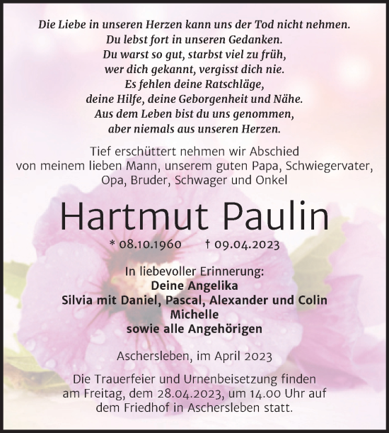Traueranzeige von Hartmut Paulin von Trauerkombi Aschersleben