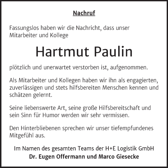 Traueranzeige von Hartmut Paulin von Mitteldeutsche Zeitung Aschersleben
