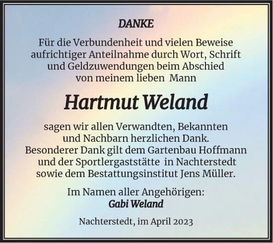 Traueranzeige von Hartmut Weland von Trauerkombi Aschersleben