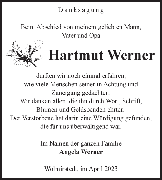 Traueranzeige von Hartmut Werner von Volksstimme Haldensleben/Wolmirstedt
