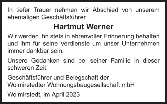 Traueranzeige von Hartmut Werner von Volksstimme Haldensleben/Wolmirstedt