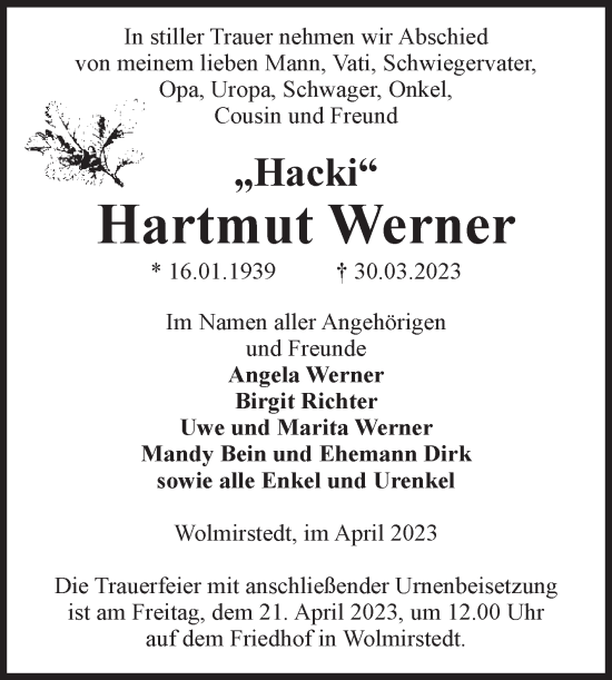 Traueranzeige von Hartmut Werner von Volksstimme Haldensleben/Wolmirstedt