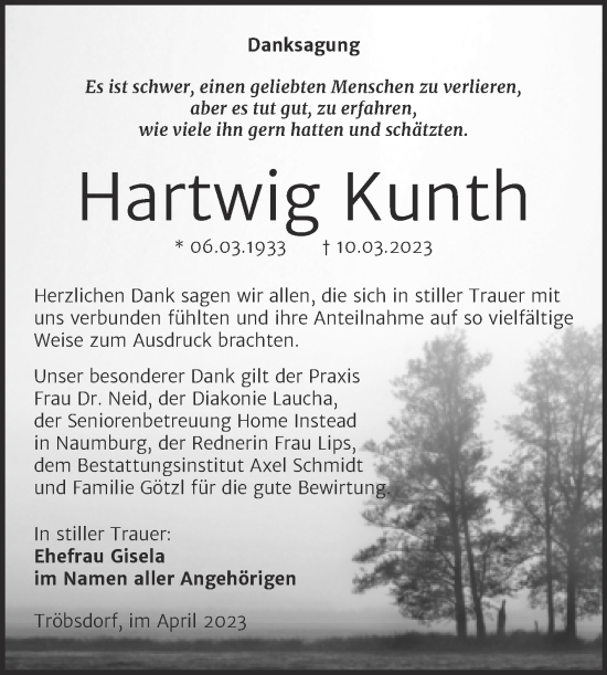 Traueranzeige von Hartwig Kunth von Wochenspiegel Naumburg/Nebra