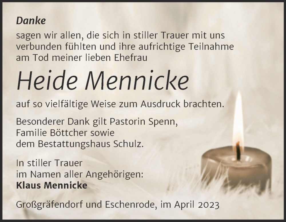  Traueranzeige für Heide Mennicke vom 28.04.2023 aus Mitteldeutsche Zeitung