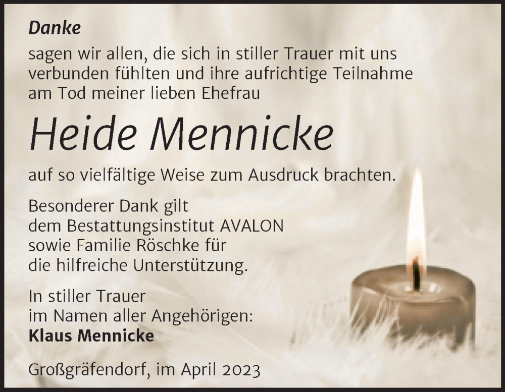  Traueranzeige für Heide Mennicke vom 29.04.2023 aus Trauerkombi Merseburg