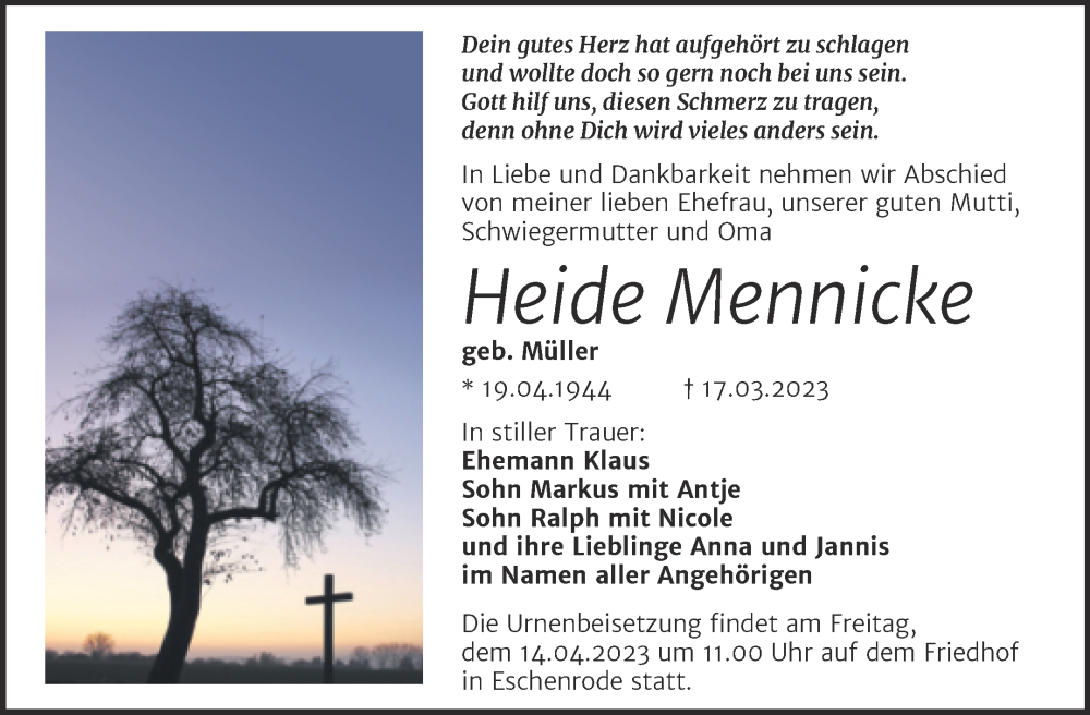  Traueranzeige für Heide Mennicke vom 01.04.2023 aus Mitteldeutsche Zeitung