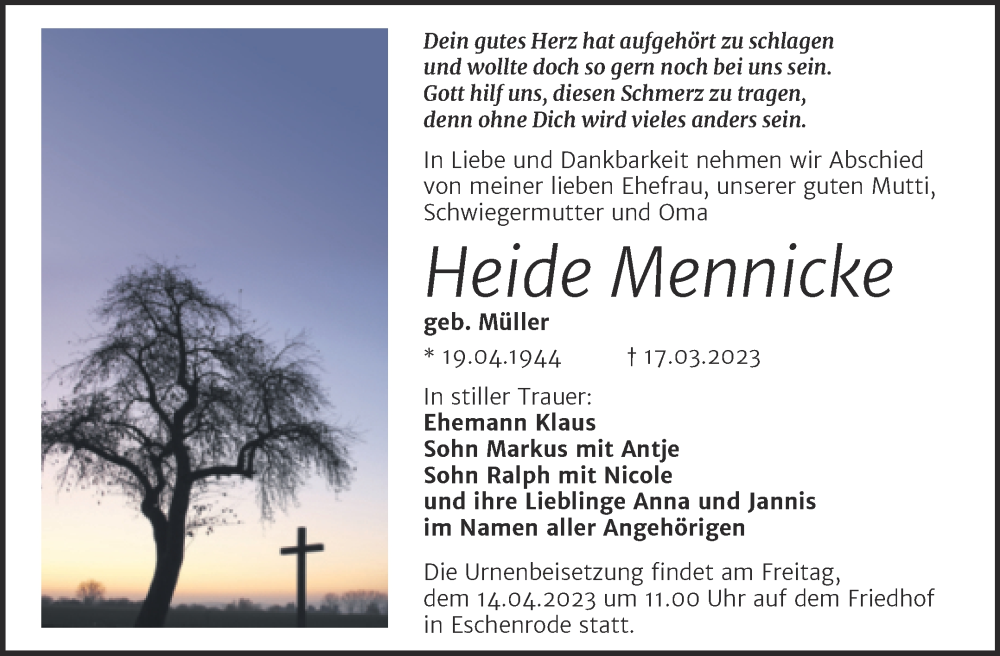  Traueranzeige für Heide Mennicke vom 05.04.2023 aus Mitteldeutsche Zeitung