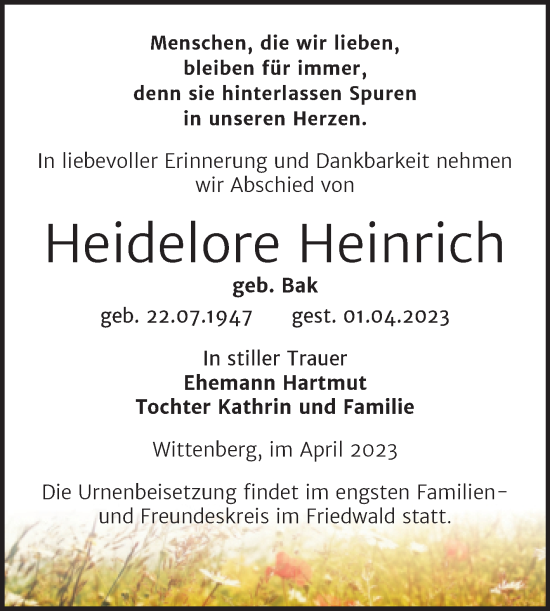Traueranzeige von Heidelore Heinrich von Trauerkombi Wittenberg
