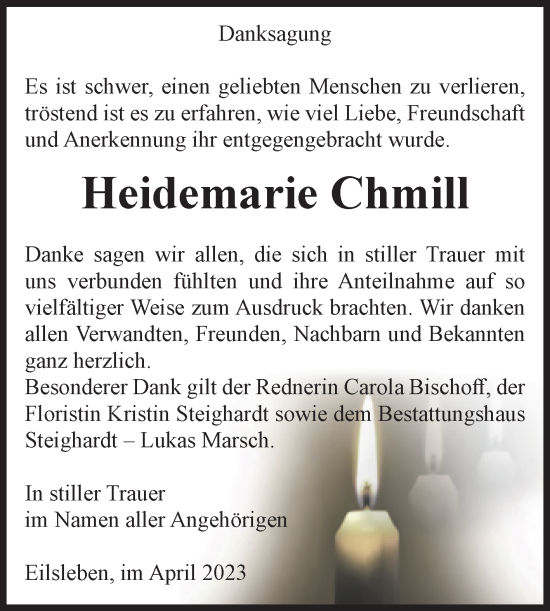 Traueranzeige von Heidemarie Chmill von Volksstimme Oschersleben/Wanzleben